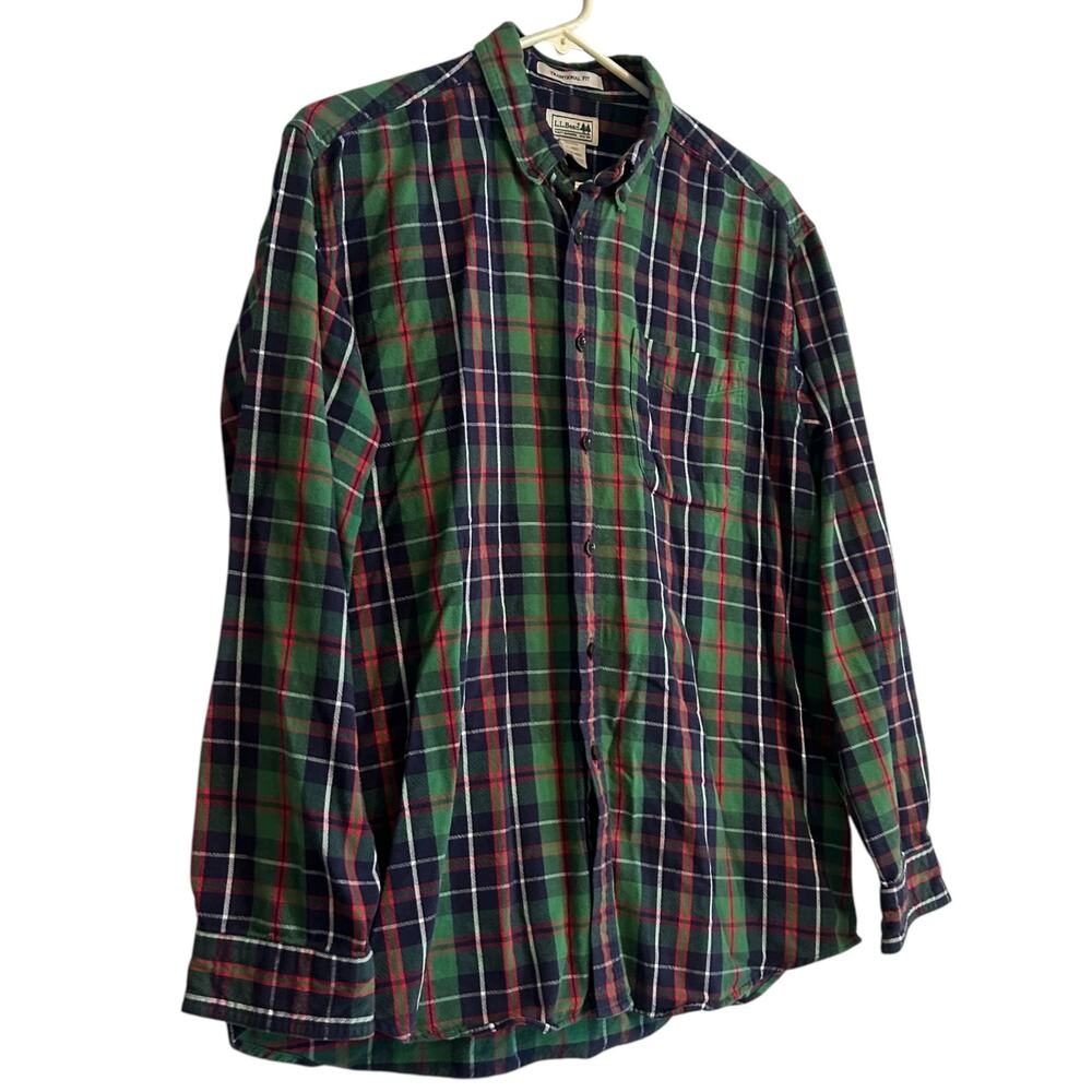 LL Bean Green White Plaid Button Down Shirt Mens Sz Large Traditional Fit Cotton - Picture 3 of 16